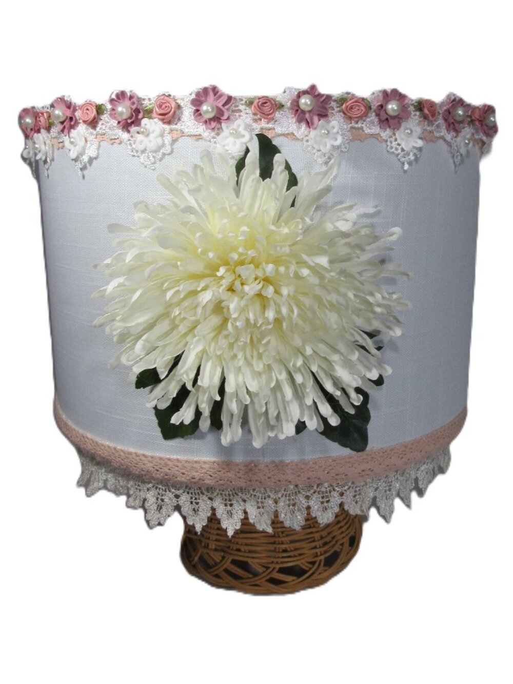 SHABBY CHIC VICTORIAN LINEN LAMPSHADE 15" X 12" UNIQUE LACE PEARLS AND FLOWERS